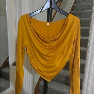Chic Mustard Drape Neck Long Sleeve Top